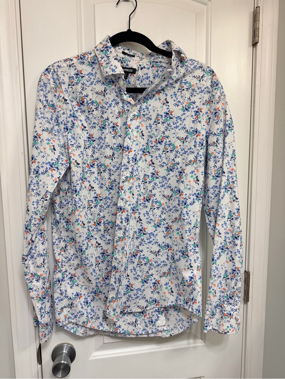 Express White Button-Up Shirt with Blue and Orange Floral Print